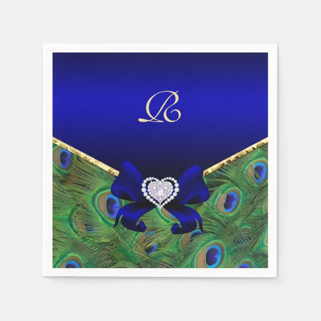 Royal Blue Peacock Bröllop Pappra Party Napkins Pappersservett (Framsidan)