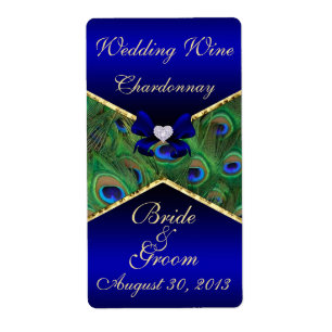 Royal Blue Peacock Bröllop Vin-etikett Fraktsedel