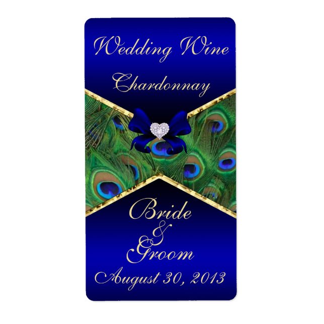 Royal Blue Peacock Bröllop Vin-etikett Fraktsedel (Framsidan)