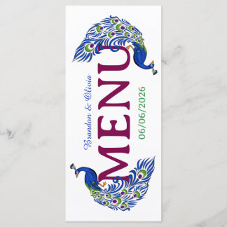 Royal Blue Peacock Wedding Flat Menu Meny