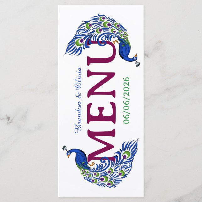 Royal Blue Peacock Wedding Flat Menu Meny (Framsida)