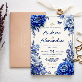 Royal Blue Peony Luxury Floral Elegant Blue Gold Inbjudningar