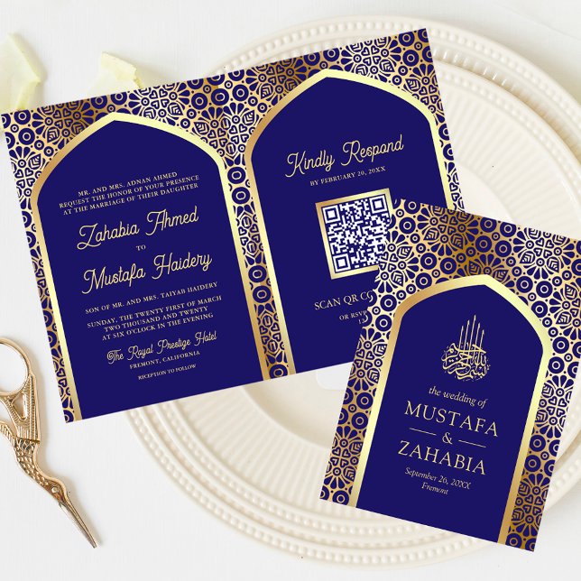 Royal Blue Persian Arch QR Kod Muslim Bröllop Inbjudan (Skapare uppladdad)