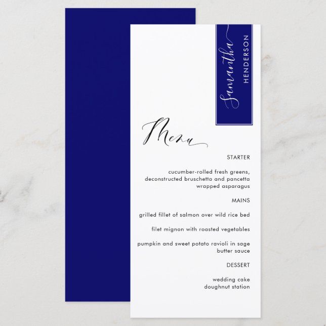 Royal Blue, Personlig med Eleganten Gäst Namn Meny (Fram/baksida)