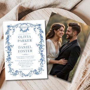 Royal Blue Photo Blommigt Victorian Fransk Bröllop Inbjudningar