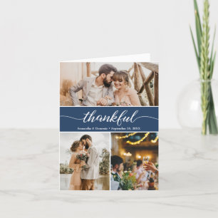Royal Blue Photo Collage Thankful Script Bröllop Tack Kort