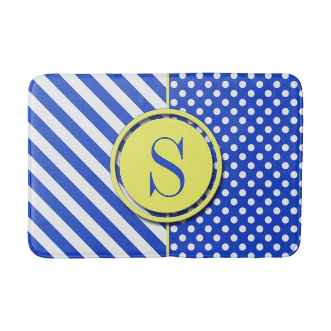 Royal Blue Polka dots och Rand-Monogram ST-aylor Badrumsmatta (Framsidan)