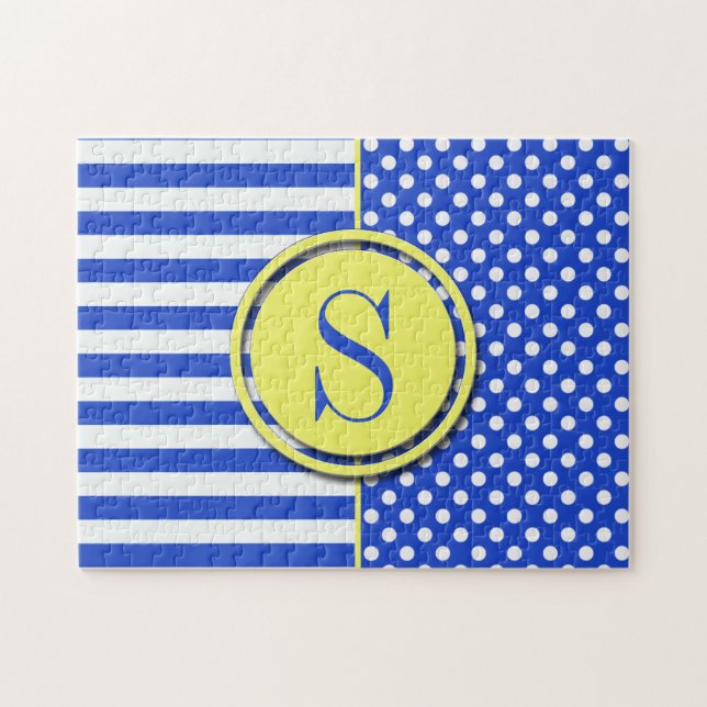 Royal Blue Polka dots och Rand-Monogram ST-aylor Pussel (Horisontell)