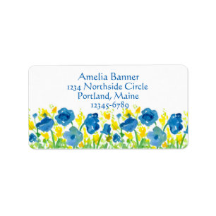 Royal Blue Poppies Gult Vattenfärgsblommor Adressetikett