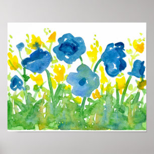 Royal Blue Poppies Gult Wildblommor Watercolor Poster