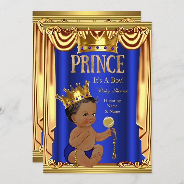 Royal Blue Prince Baby Shower Guld Boy Ethnic Inbjudningar (Fram/baksida)