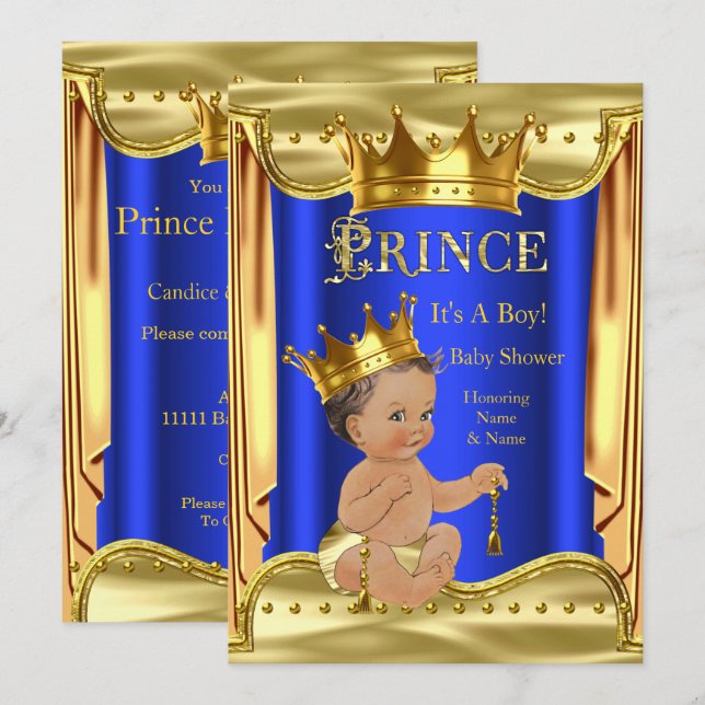 Royal Blue Prince Baby Shower Guld Brunette Boy Inbjudningar (Fram/baksida)