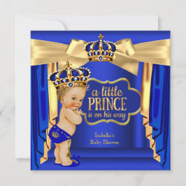 Royal Blue Prince Baby Shower Guld Krona Blonde Inbjudningar