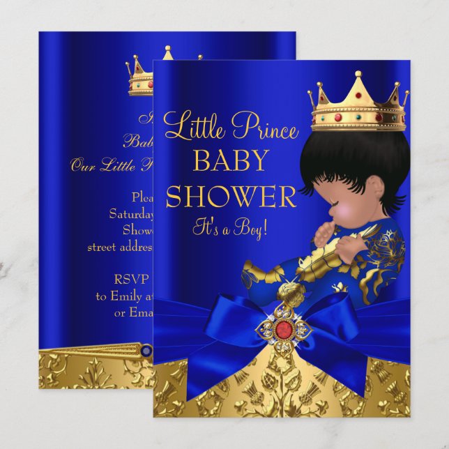 Royal Blue Prince Boy Baby Shower African American Inbjudningar (Fram/baksida)
