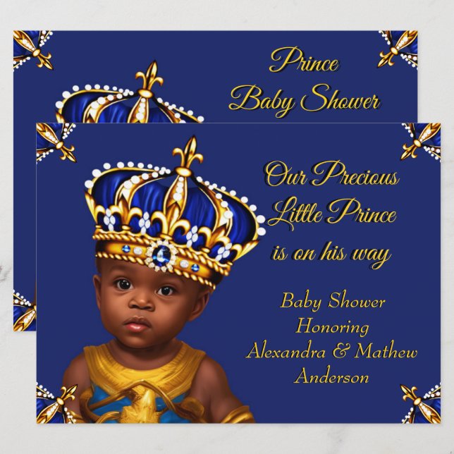 Royal Blue Prince Boy Baby Shower Guld Ethnic Inbjudningar (Fram/baksida)