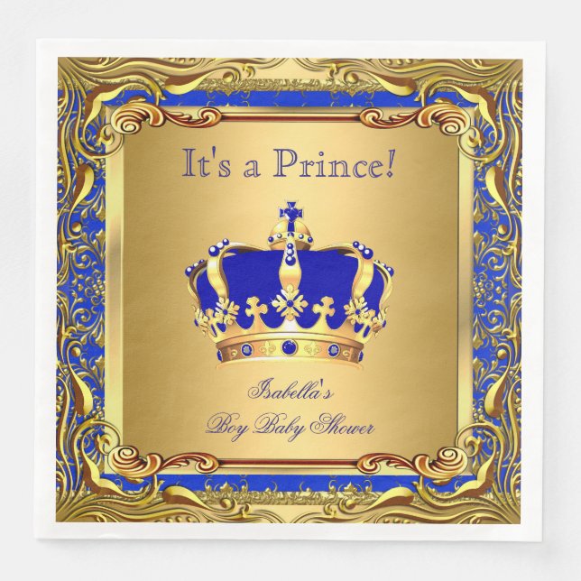 Royal Blue Prince Guld Krona Baby Shower Boy Pappersservett (Framsida)