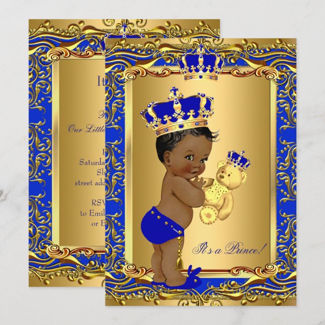 Royal Blue Prince Krona Baby Shower Bear Ethnic Inbjudningar (Fram/baksida)