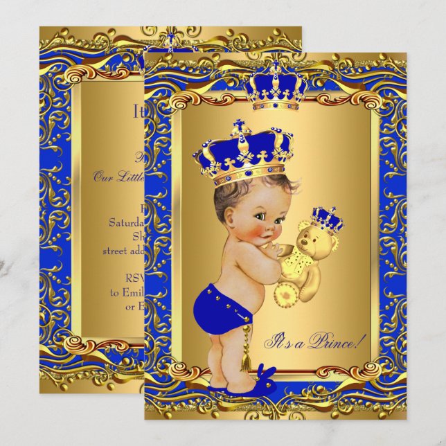 Royal Blue Prince Krona Baby Shower Brear Brunette Inbjudningar (Fram/baksida)