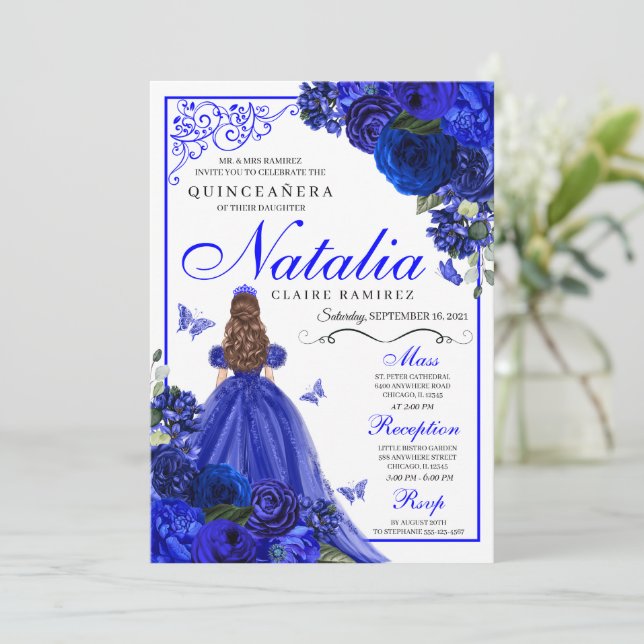 Royal Blue Princess & Butterflies Quinceañera Inbjudningar (Stående Fram)