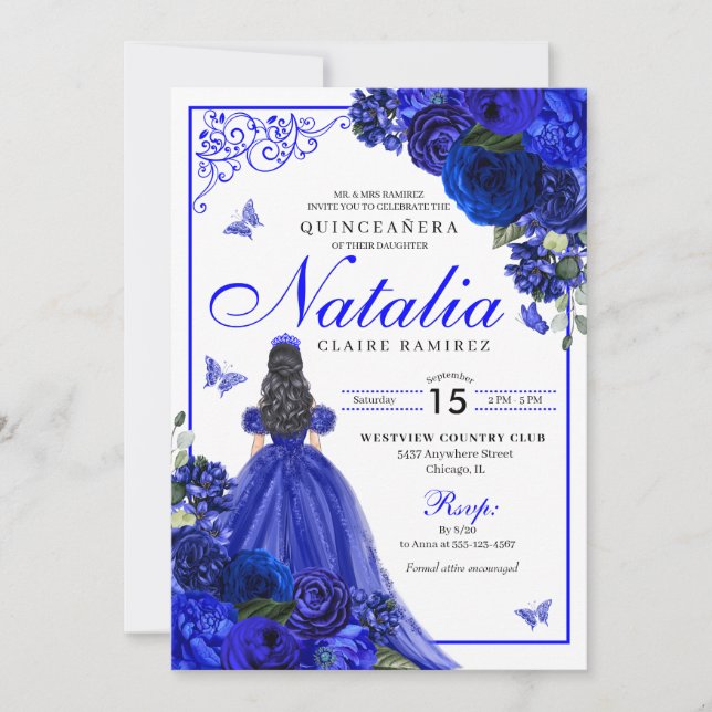 Royal Blue Princess & Butterflies Quinceañera Inbjudningar (Framsida)
