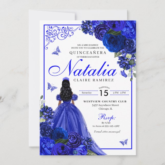 Royal Blue Princess & Butterflies Quinceañera Inbjudningar (Framsida)
