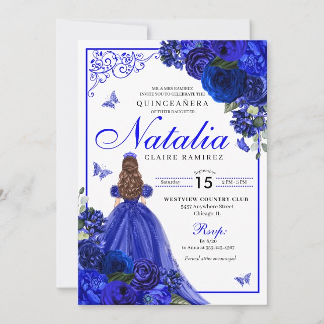 Royal Blue Princess & Butterflies Quinceañera Inbjudningar (Framsida)