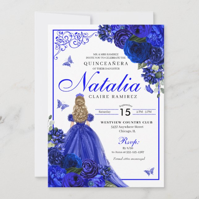 Royal Blue Princess & Butterflies Quinceañera Inbjudningar (Framsida)