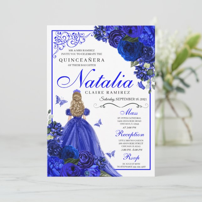 Royal Blue Princess & Butterflies Quinceañera Inbjudningar (Stående Fram)