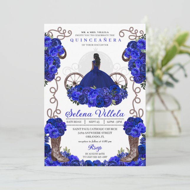 Royal Blue Princess Dress & Boots Quinceanera Inbjudningar (Stående Fram)
