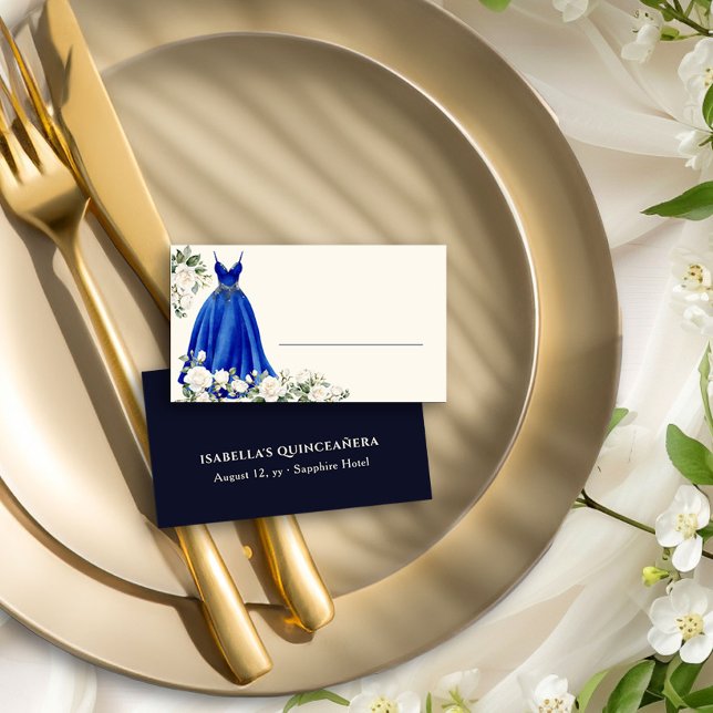 Royal Blue Princess Dress Personlig Placeringskort (Table place cards from the Princess Dress and Roses Quinceanera collection by Darling & May)