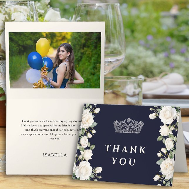 Royal Blue Princess Dress Tiara Quinceanera Photo Tack Kort (Photo thank you card from the Princess Dress and Roses Quinceanera collection by Darling & May)