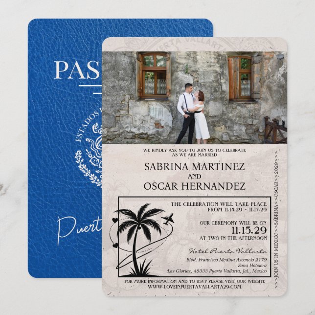 Royal Blue Puerta Vallarta Passport Bröllop Inbjudningar (Fram/baksida)