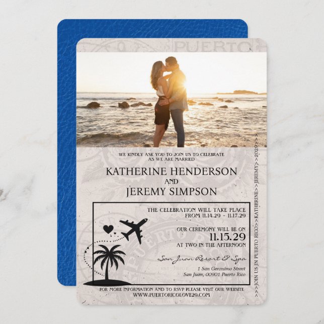 Royal Blue Puerto Rico Passport Wedding bjudande Inbjudningar (Fram/baksida)
