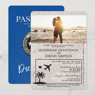 Royal Blue Puerto Rico Passport Wedding bjudande Inbjudningar