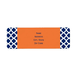 Royal Blue Quatrefoil Mönster med Orange Returadress Etikett