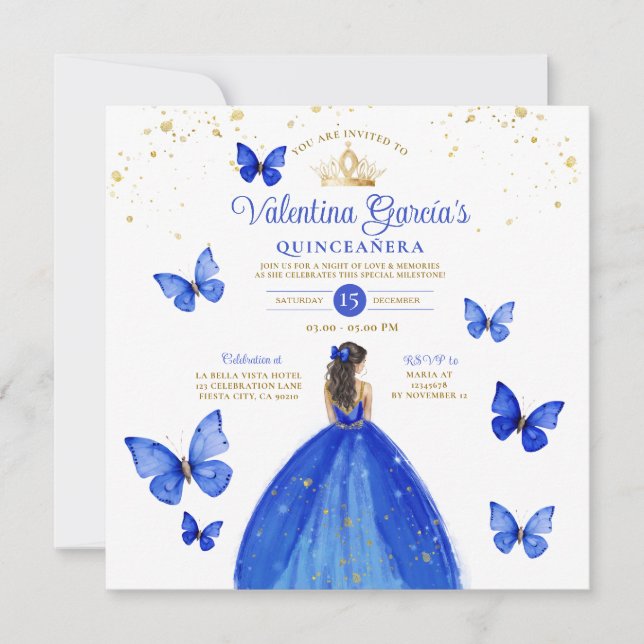 Royal Blue Quinceañera 15 Anos Butterfly Birthday Inbjudningar (Framsida)