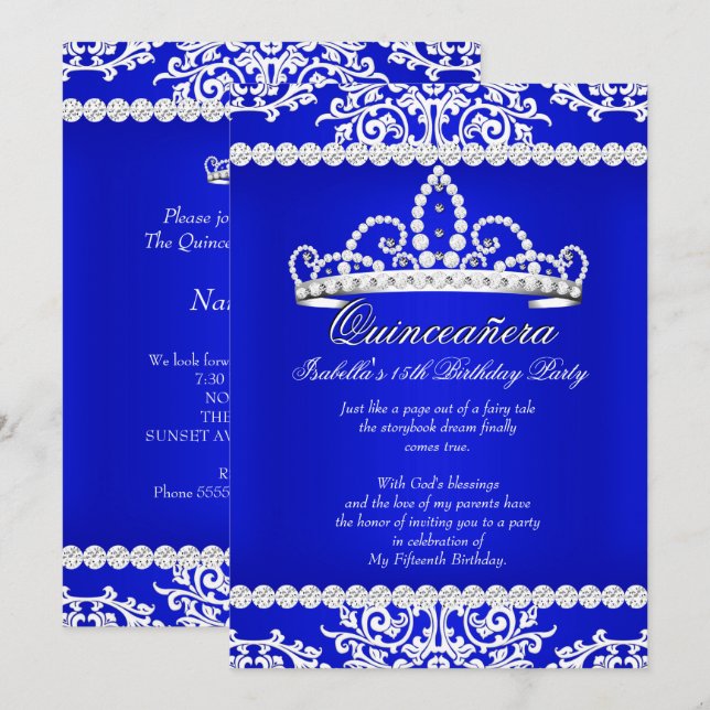 Royal Blue Quinceanera 15:e Födelsedagsfesten Tiar Inbjudningar (Fram/baksida)