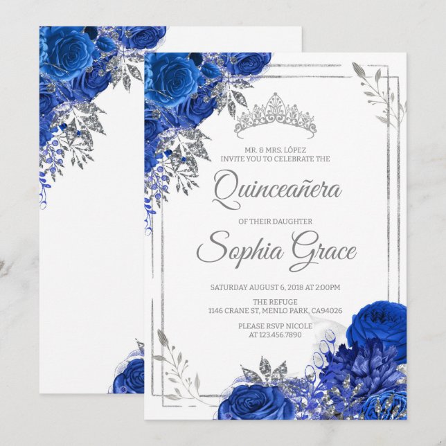 Royal Blue Quinceañera Butterflies Mis Quince Inbjudningar (Fram/baksida)