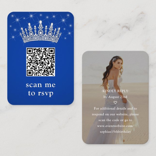 Royal Blue Quinceañera Crown & Stars QR RSVP Photo Tilläggskort (Fram/baksida)