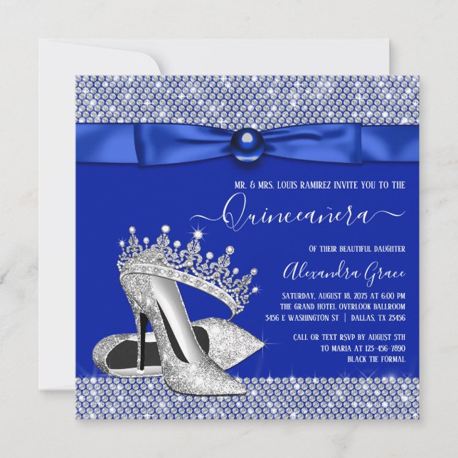 Royal Blue Quinceanera Diamond Tiara Shoe Inbjudningar (Framsida)