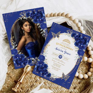 Royal Blue Quinceañera Flower Butterfly Photo Inbjudningar