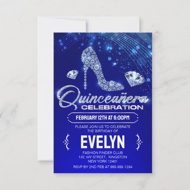Royal Blue Quinceanera Gnistrar Diamant Födelsedag Inbjudningar (Framsida)