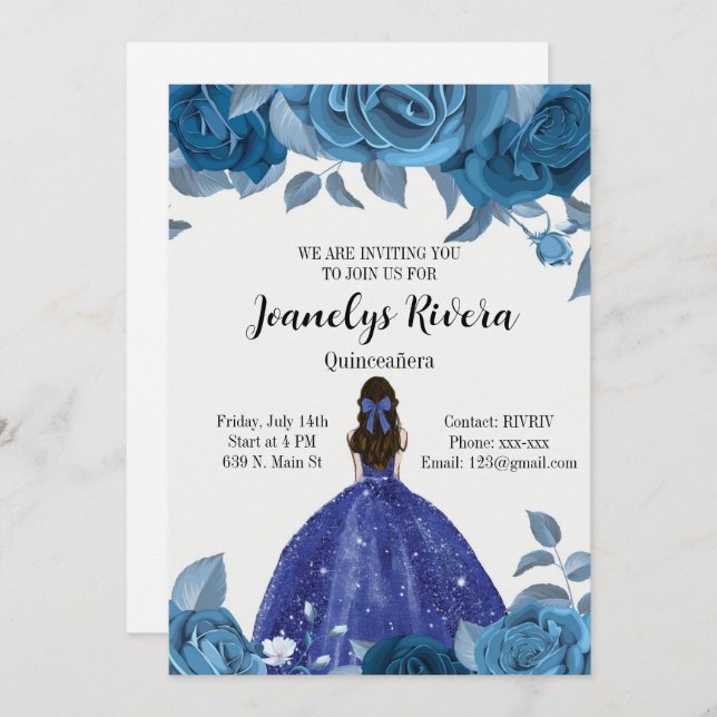Royal Blue Quinceañera-inbjudan Inbjudningar (Fram/baksida)