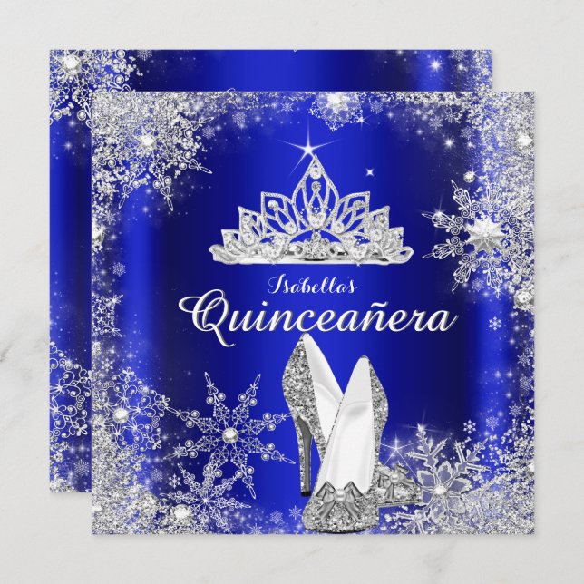 Royal Blue Quinceanera Silver Tiara 15:e födelseda Inbjudningar (Fram/baksida)