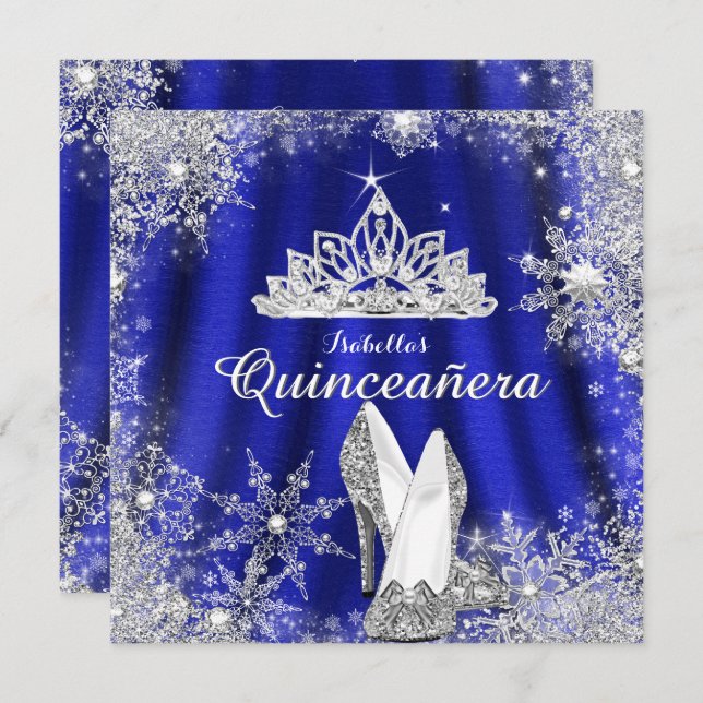 Royal Blue Quinceanera Silver Tiara 15:e födelseda Inbjudningar (Fram/baksida)