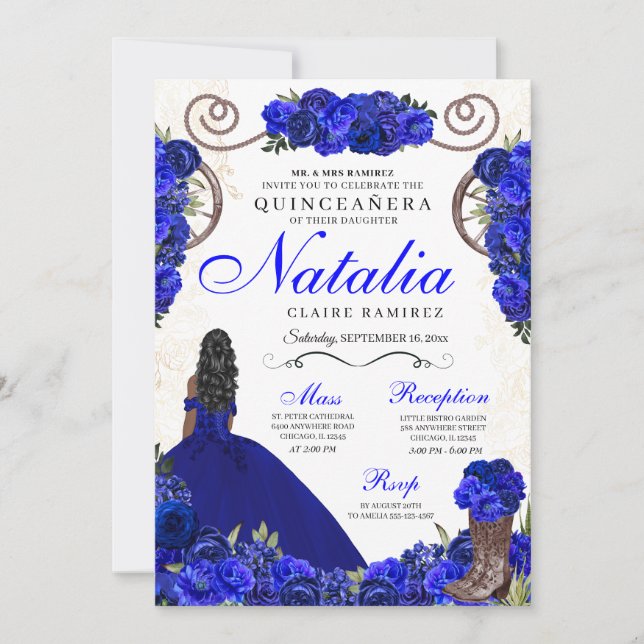Royal Blue Ranchero Princess Quinceanera Inbjudningar (Framsida)