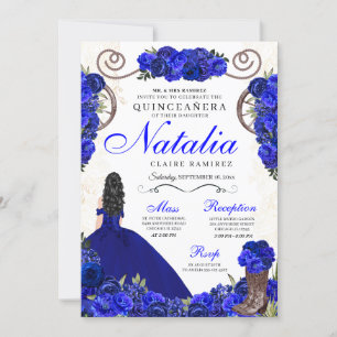 Royal Blue Ranchero Prinsessa Quinceanera Inbjudningar