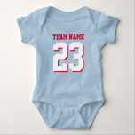 Royal Blue Red Baby Football Jersey Sports Romper T-shirt<br><div class="desc">Cute-fotbollens jersey-bodykostym för baby. Idrotten mamma och pappa kärlek. Det är bara naturligt att baby också borde. Färgdräkt i baby i royal blått, rött och vitt. Du kan anpassa namn och spelnumret på framsidan och baksidan av tröjan. Inte bara för fotbollen fläkt. Vilken sportfantast som helst kommer att uppskatta den...</div>