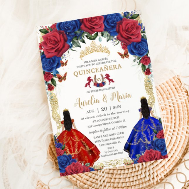 Royal Blue Red Blommigt Girls Twillingars Quinceañ Inbjudningar (Skapare uppladdad)
