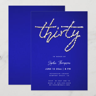 Royal Blue Rhinestones Calligraphy 30års födelseda Inbjudningar